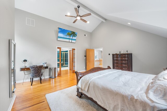 83 Mcdonald Rd, Ossining, NY 10562 - bedroom featuring high vaulted ceiling, light wood-type flooring, beamed ceiling, and ceiling fan