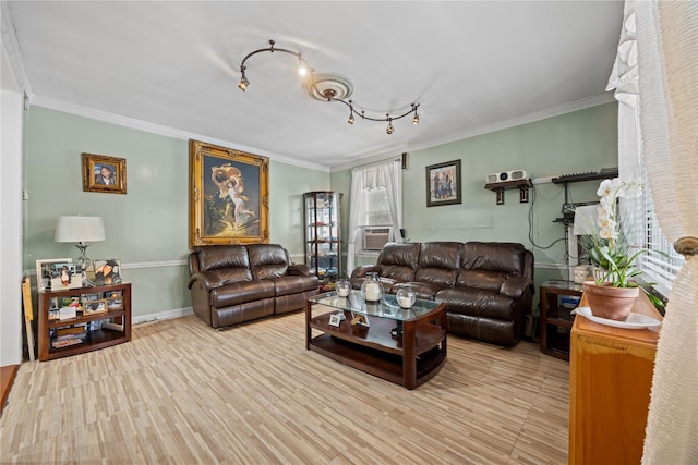 1363 Noble Ave, Bronx, NY 10472 - living room with ornamental molding, light wood finished floors, baseboards, and cooling unit