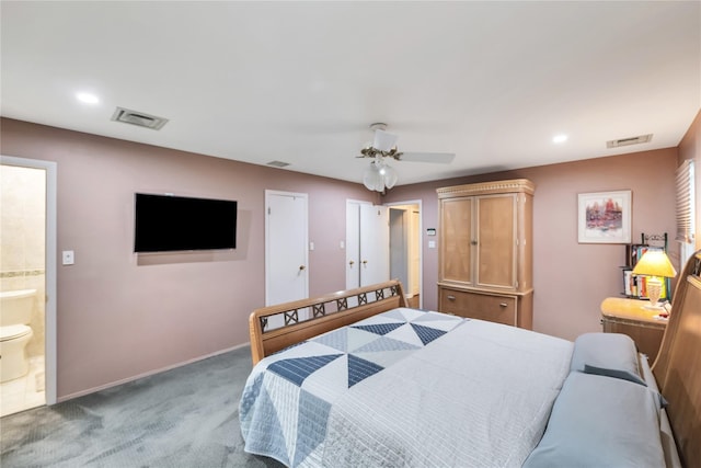 18 Commander Vic Ln, Nesconset, NY 11767 - bedroom featuring carpet floors, ensuite bathroom, baseboards, a ceiling fan, and recessed lighting