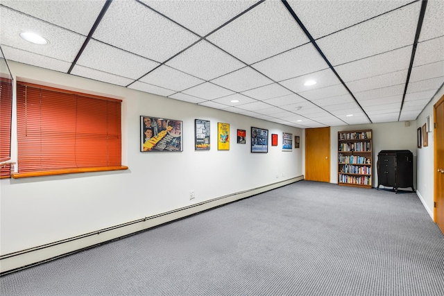 18 Commander Vic Ln, Nesconset, NY 11767 - basement with carpet floors, a baseboard heating unit, recessed lighting, a paneled ceiling, and baseboards