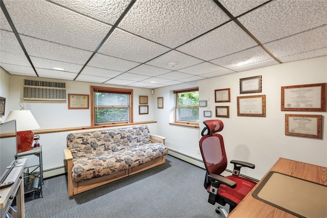 18 Commander Vic Ln, Nesconset, NY 11767 - carpeted home office featuring a wall mounted AC, a paneled ceiling, a baseboard radiator, and baseboards