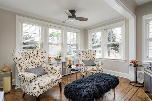 344 N Forest Ave, Rockville Centre, NY 11570 - sitting room featuring radiator, crown molding, baseboards, and a ceiling fan