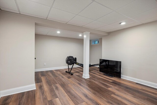 344 N Forest Ave, Rockville Centre, NY 11570 - finished basement featuring a drop ceiling, dark wood-type flooring, baseboards, and recessed lighting