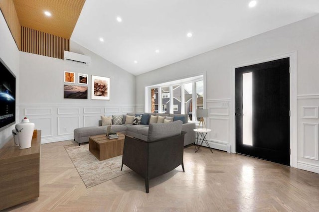 23 Vinton St, Long Beach, NY 11561 - living room featuring a wall unit AC, a decorative wall, high vaulted ceiling, and a wainscoted wall