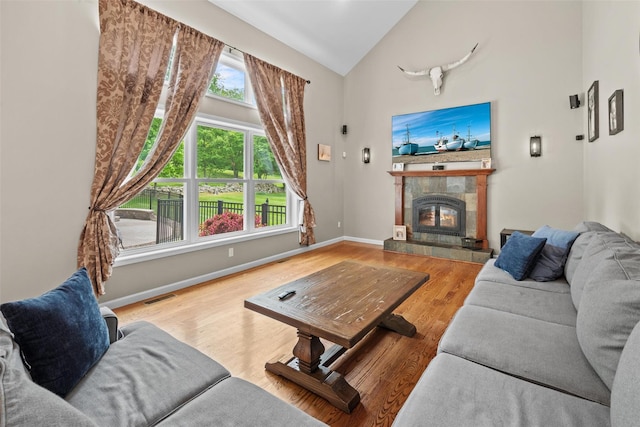 22 Restorative Ln, Middletown, NY 10940 - living area featuring wood finished floors, a fireplace, baseboards, and high vaulted ceiling