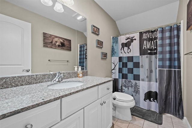 22 Restorative Ln, Middletown, NY 10940 - full bath featuring vanity, toilet, tile patterned flooring, vaulted ceiling, and a shower with curtain