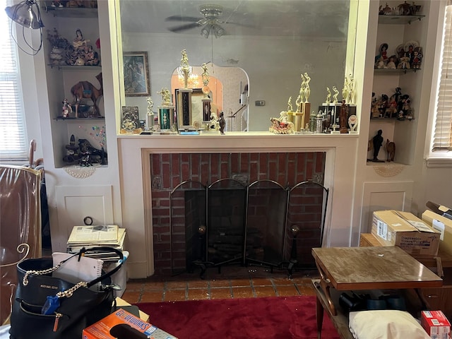 2449 Young Ave, Bronx, NY 10469 - living room with ceiling fan and a brick fireplace