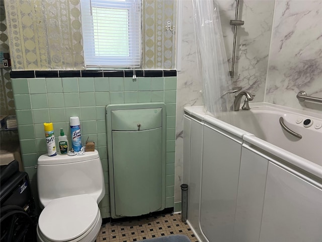 2449 Young Ave, Bronx, NY 10469 - bathroom with tile walls, shower / bath combination with curtain, and wallpapered walls