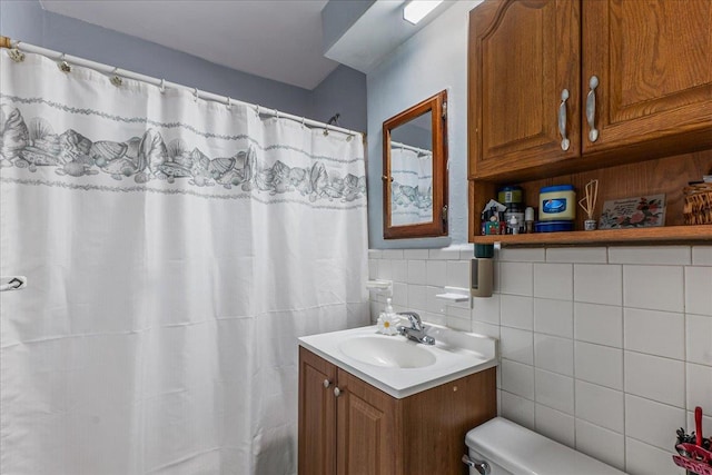 196-66 67th Ave Unit 1Fl, Fresh Meadows, NY 11365 - bathroom with vanity, toilet, tile walls, and a shower with shower curtain