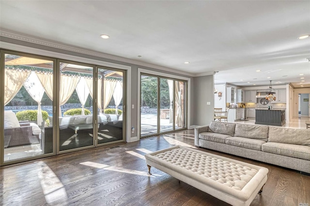 9 Stream Ct, Great Neck, NY 11024 - living area with ornamental molding, wood finished floors, recessed lighting, and baseboards