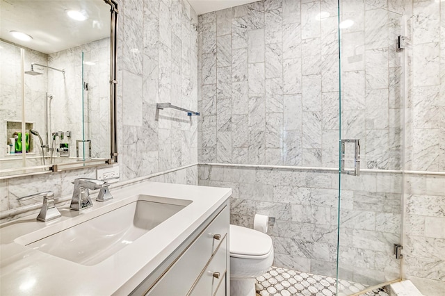 9 Stream Ct, Great Neck, NY 11024 - full bath with tile walls, toilet, vanity, and a stall shower