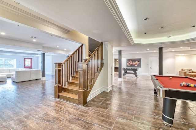9 Stream Ct, Great Neck, NY 11024 - staircase with pool table, ornamental molding, baseboards, recessed lighting, and a tray ceiling