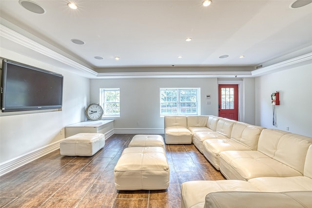 9 Stream Ct, Great Neck, NY 11024 - living room with a raised ceiling, wood finish floors, baseboards, and recessed lighting
