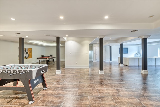 9 Stream Ct, Great Neck, NY 11024 - rec room featuring recessed lighting, ornate columns, and baseboards