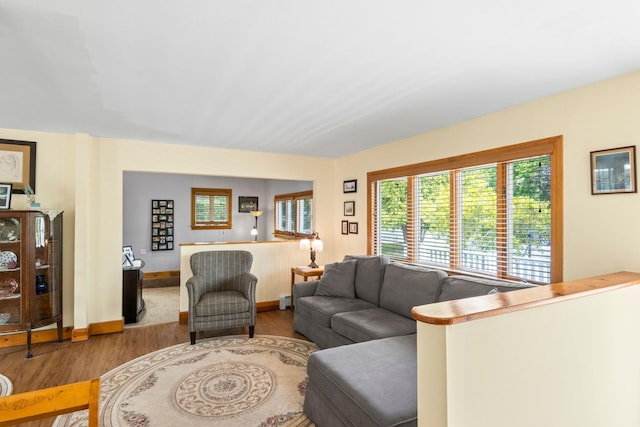 1 Chuck Ln, Selden, NY 11784 - living room featuring wood finished floors, a baseboard heating unit, and baseboards