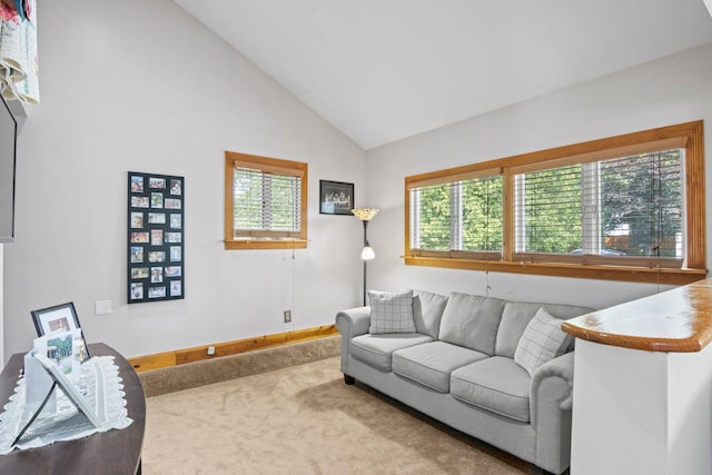 1 Chuck Ln, Selden, NY 11784 - living room featuring carpet, baseboards, and high vaulted ceiling