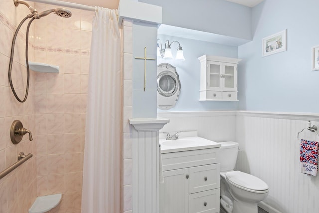 1 Chuck Ln, Selden, NY 11784 - bathroom with a wainscoted wall, toilet, vanity, and tiled shower