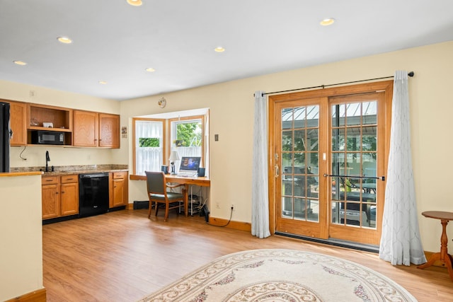 1 Chuck Ln, Selden, NY 11784 - kitchen with black appliances, light wood-style floors, open shelves, recessed lighting, and baseboards