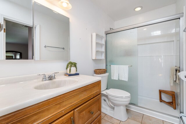 67 Keats Dr, New Windsor, NY 12553 - bathroom featuring vanity, tile patterned floors, a stall shower, toilet, and a baseboard heating unit