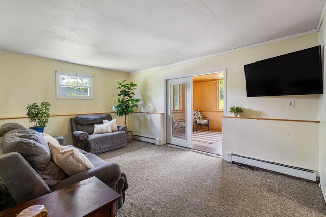 67 Keats Dr, New Windsor, NY 12553 - living area with a baseboard heating unit, carpet flooring, and crown molding
