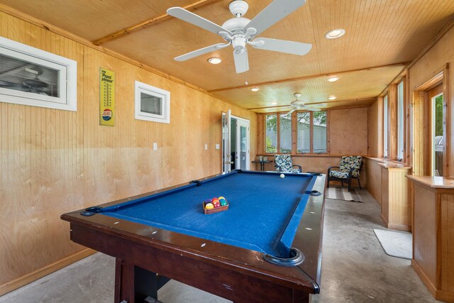 67 Keats Dr, New Windsor, NY 12553 - game room featuring a ceiling fan, wooden walls, plenty of natural light, concrete floors, and recessed lighting