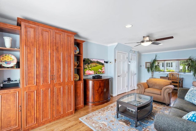 129 Colony Ln, Syosset, NY 11791 - living room featuring ceiling fan, light wood-style floors, crown molding, and recessed lighting