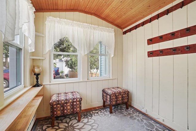 34 Argyle St, Lake Peekskill, NY 10537 - living area with lofted ceiling, wood ceiling, wood finished floors, and a baseboard radiator