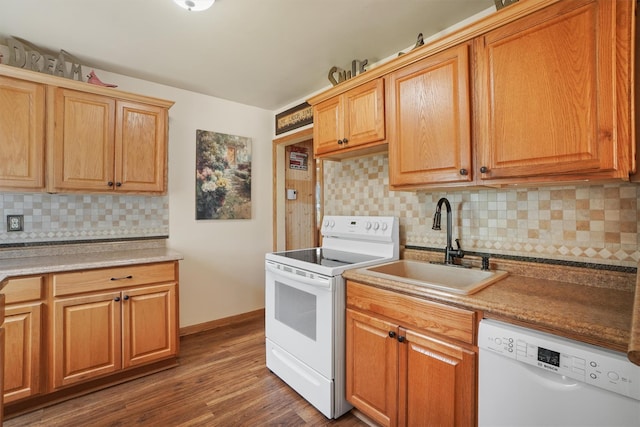 34 Argyle St, Lake Peekskill, NY 10537 - kitchen with white appliances, tasteful backsplash, a sink, dark wood-style flooring, and baseboards