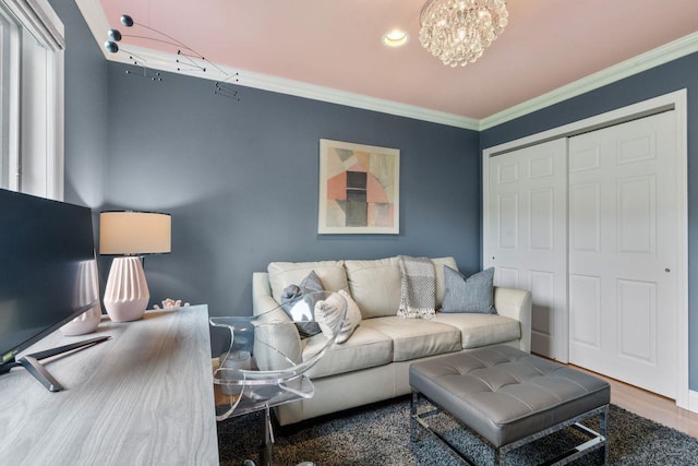 226 Briarwood Dr, Somers, NY 10589 - living room featuring ornamental molding, a chandelier, recessed lighting, and wood finished floors