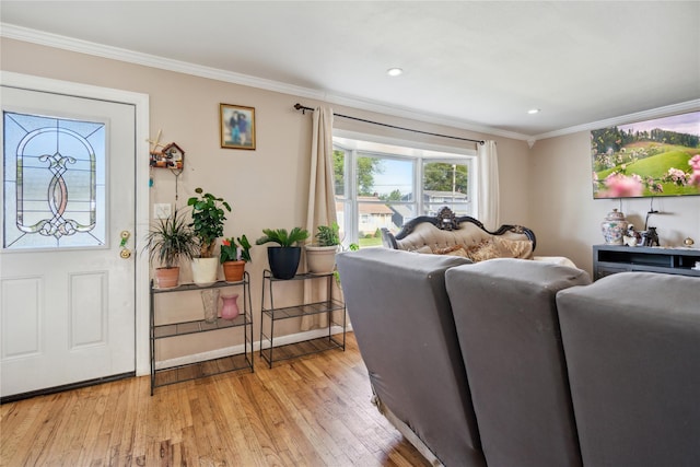 117 Ocean Ave, Massapequa Park, NY 11762 - living area with ornamental molding, light wood-style flooring, recessed lighting, and baseboards