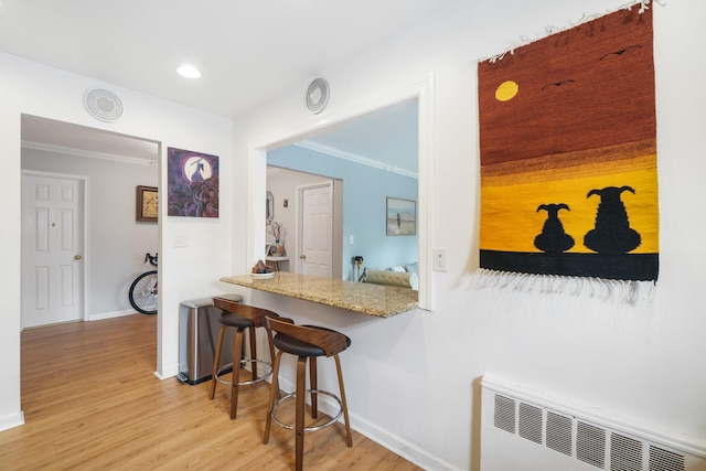131-2 S Highland Ave Unit A3, Ossining, NY 10562 - kitchen with radiator, baseboards, light wood-style floors, crown molding, and a breakfast bar