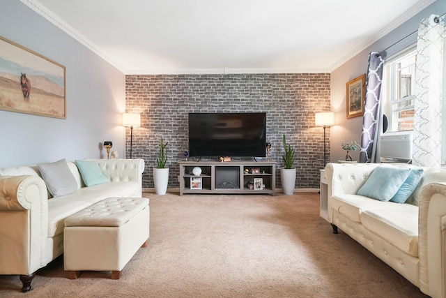 131-2 S Highland Ave Unit A3, Ossining, NY 10562 - living room with brick wall, ornamental molding, and carpet flooring