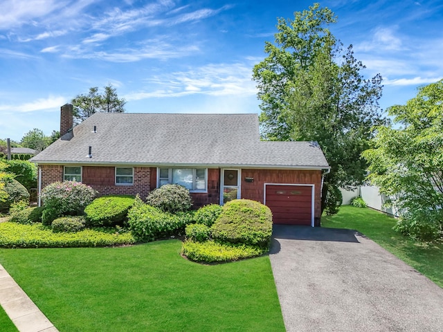 3 Shelter Hill Rd, Plainview, NY 11803 - view of front of home featuring a chimney, asphalt driveway, a garage, and a front lawn