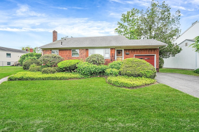 3 Shelter Hill Rd, Plainview, NY 11803 - view of front of house featuring a garage, driveway, a chimney, and a front lawn