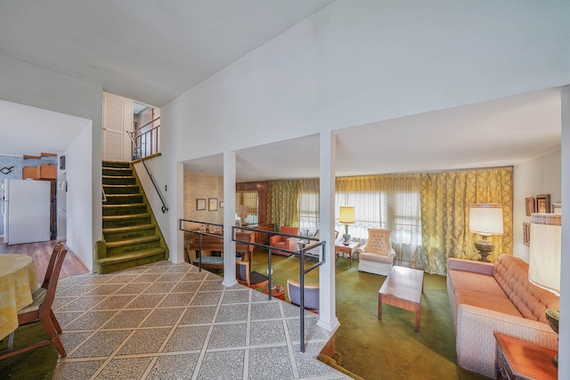 3 Shelter Hill Rd, Plainview, NY 11803 - carpeted living room with stairway and a high ceiling