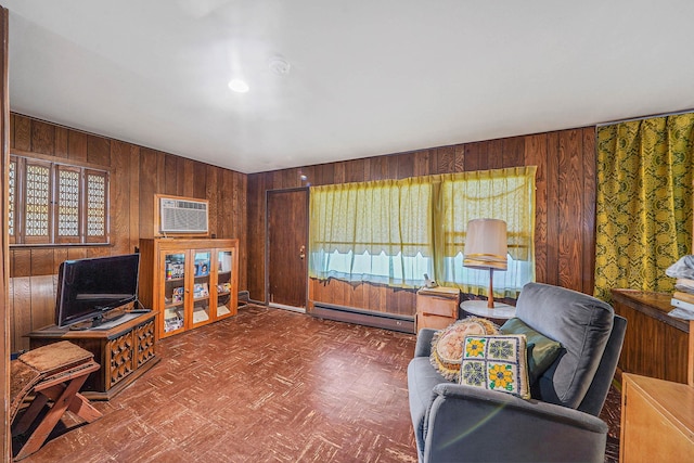 3 Shelter Hill Rd, Plainview, NY 11803 - living area with a baseboard radiator, wooden walls, and a wall unit AC