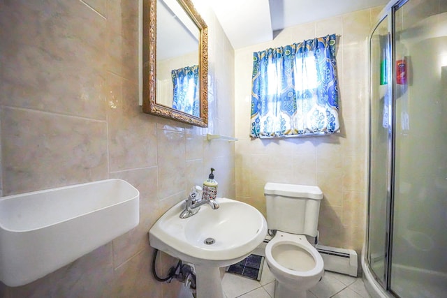 3 Shelter Hill Rd, Plainview, NY 11803 - bathroom featuring a baseboard radiator, tile walls, a shower stall, tile patterned floors, and toilet