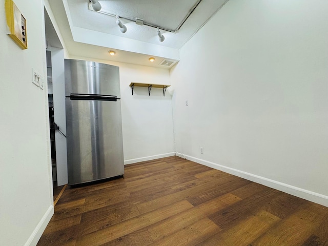 43-10 Kissena Blvd Unit 2B, Flushing, NY 11355 - kitchen with freestanding refrigerator, rail lighting, wood finished floors, and baseboards