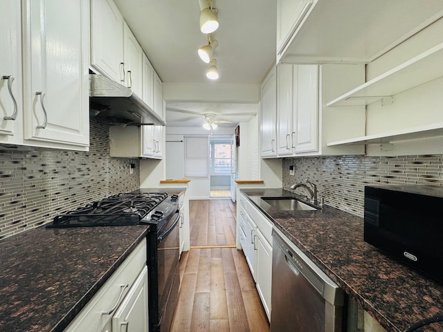 43-10 Kissena Blvd Unit 2B, Flushing, NY 11355 - kitchen featuring black appliances, a sink, range hood, open shelves, and hardwood / wood-style flooring
