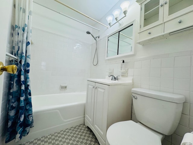 43-10 Kissena Blvd Unit 2B, Flushing, NY 11355 - bathroom featuring shower / tub combo with curtain, toilet, vanity, tile walls, and tile patterned flooring