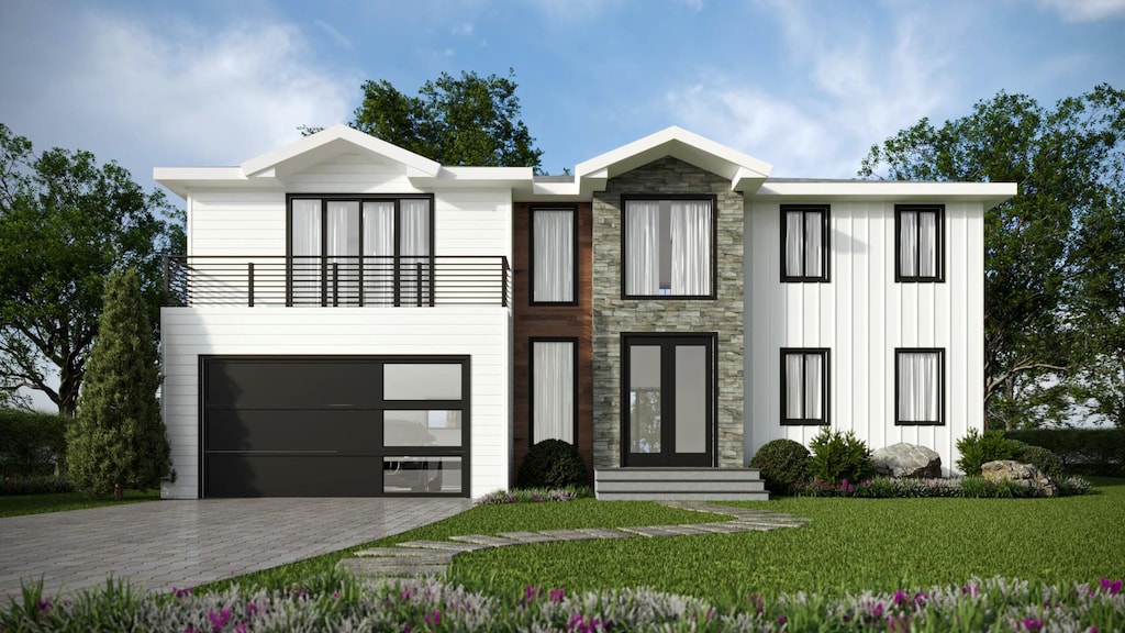 51 Wendover Dr, Huntington, NY 11743 - contemporary home with a balcony, decorative driveway, a garage, board and batten siding, and stone siding