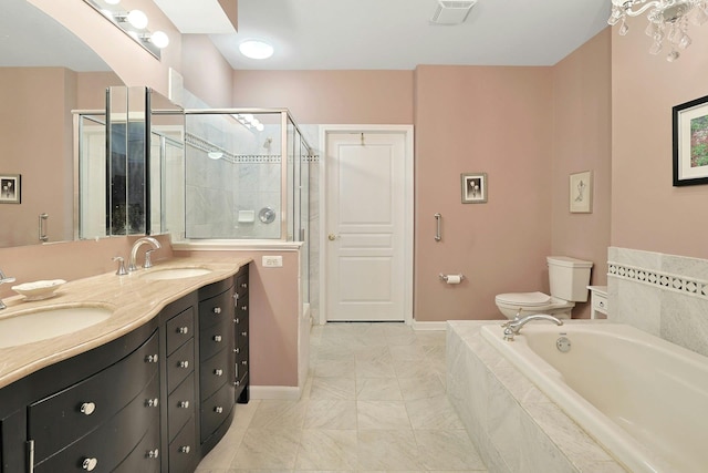 24 N De Baun Ave Unit 308, Suffern, NY 10901 - bathroom with a stall shower, double vanity, a garden tub, toilet, and marble finish floors
