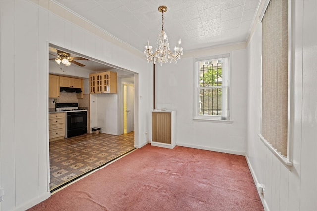 4614 Carpenter Ave, Bronx, NY 10470 - unfurnished dining area featuring ornamental molding, light carpet, a chandelier, and baseboards