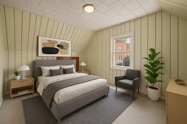 4614 Carpenter Ave, Bronx, NY 10470 - carpeted bedroom featuring vaulted ceiling and wooden walls