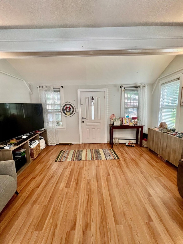22-26 74th St, East Elmhurst, NY 11370 - living area featuring light wood-style flooring, vaulted ceiling, and a textured ceiling