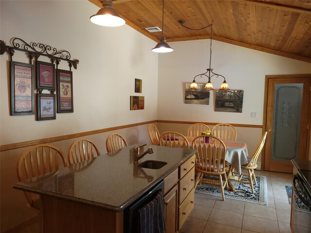 6 Westerly Ct, Hampton Bays, NY 11946 - kitchen featuring wooden ceiling, vaulted ceiling, light tile patterned floors, wainscoting, and hanging light fixtures