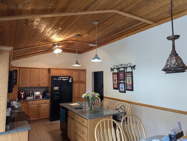 6 Westerly Ct, Hampton Bays, NY 11946 - kitchen featuring black appliances, wooden ceiling, vaulted ceiling, light tile patterned floors, and hanging light fixtures