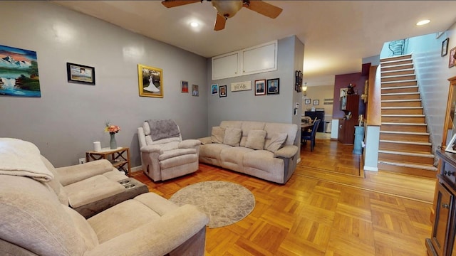 2547 Laconia Ave, Bronx, NY 10469 - living area featuring ceiling fan, stairs, and recessed lighting