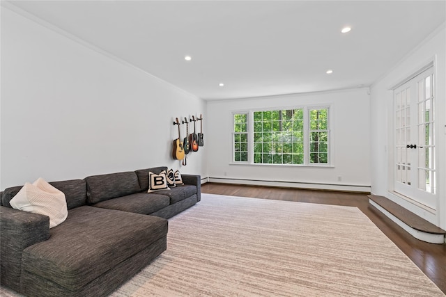1508 Laurel Hollow Rd, Laurel Hollow, NY 11791 - living room with a baseboard heating unit, wood finished floors, crown molding, and recessed lighting