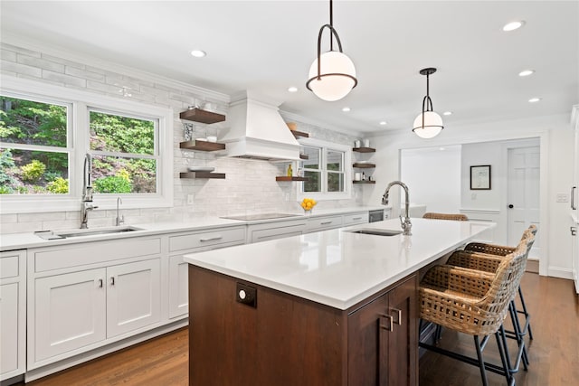 1508 Laurel Hollow Rd, Laurel Hollow, NY 11791 - kitchen with open shelves, custom exhaust hood, backsplash, light countertops, and ornamental molding